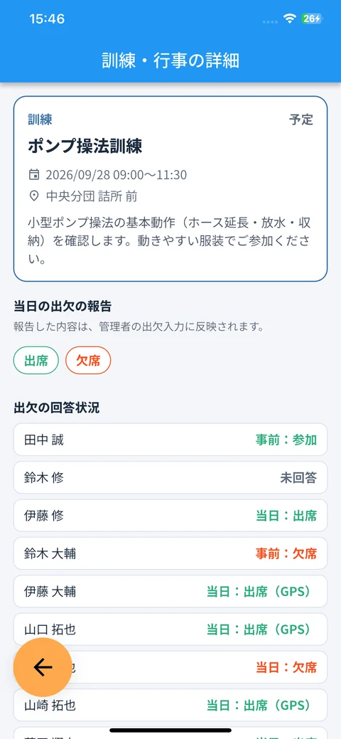 訓練・行事の詳細画面。当日の出欠の報告ボタンと、団員ごとの回答状況が表示されている