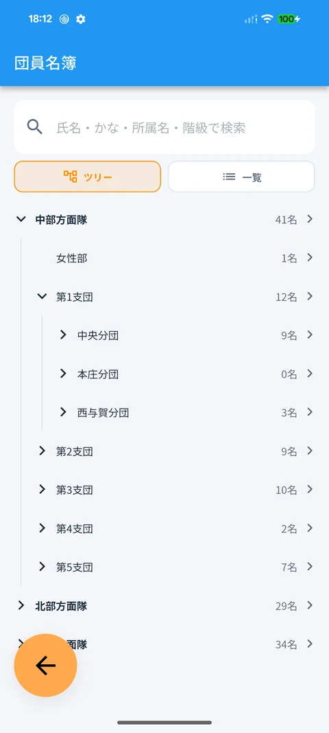 団員名簿のツリー画面。方面隊・支団・分団の階層と、それぞれの人数が表示されている